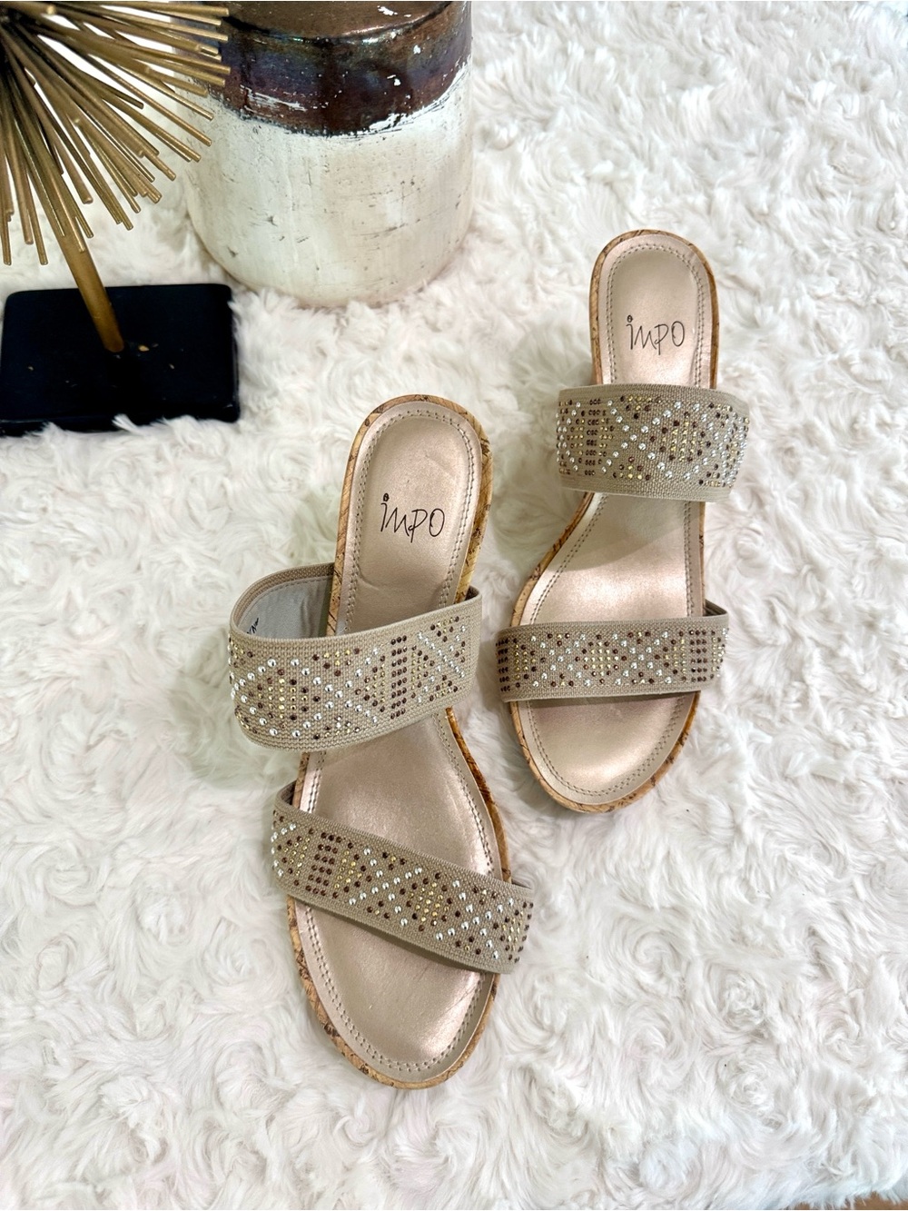 Impo Taupe Rhinestone Double-Strap Summer Wedges/Sandals SZ 9M